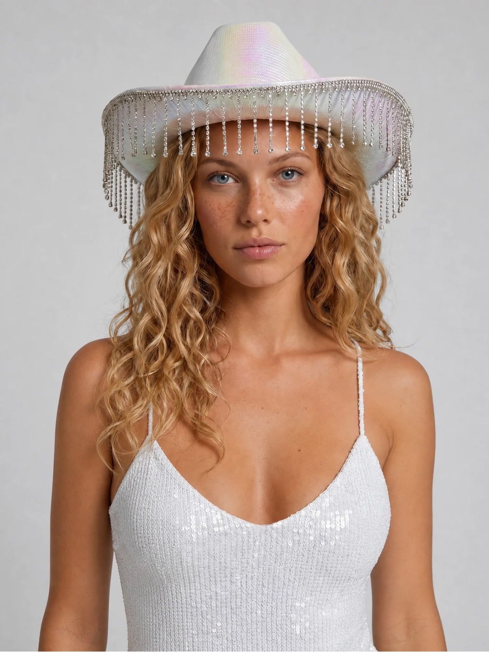 Holographic Rhinestone Fringe Western Cowgirl Hat Festival costume Halloween